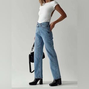 Blue notes Denim Asymmetrical Button Fly 90’s Super High Rise Straight Jean Sz 6